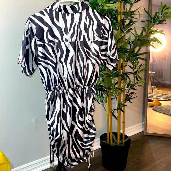 PETITE Black Zebra Print Satin Ruched Shirt Dress - Picture 4 of 4